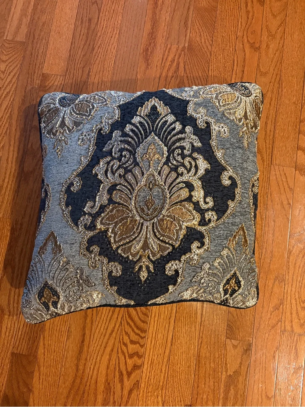 Elegant Blue and Gold Damask Throw Pillow by J Queen. Pillow is square 20x20